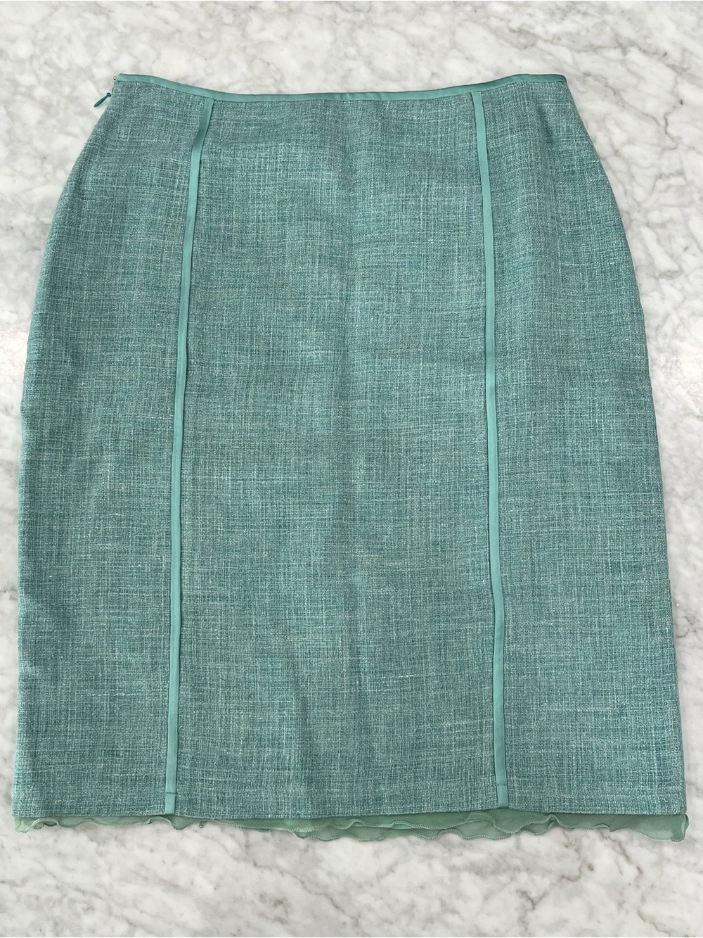 MaxMara Green Tweed Linen Blend Pencil Skirt Lined Knee Length Size 8 see measu.